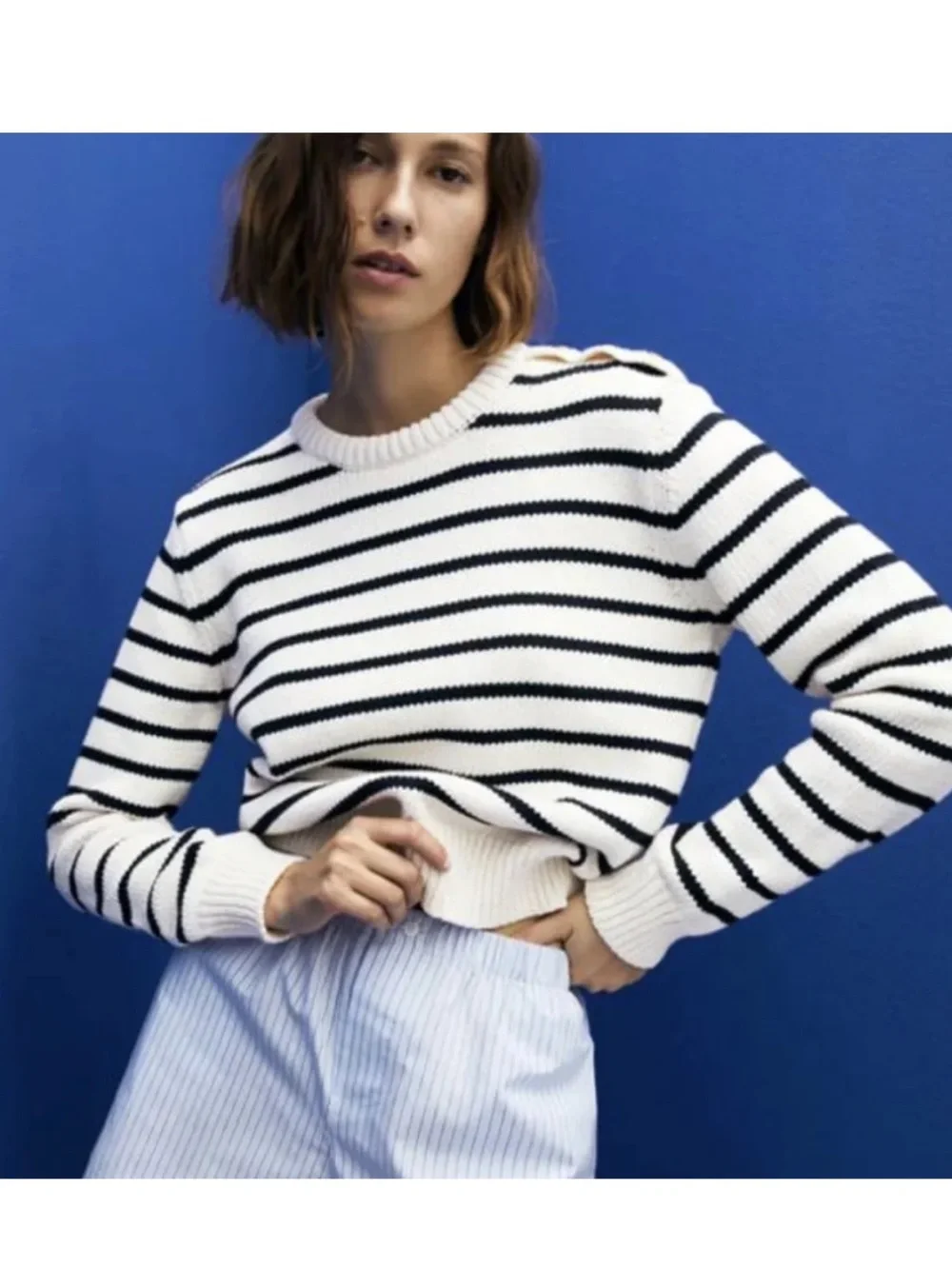 Zara Striped Knit Pulllover Crewneck sweater Jumper XL Black Cream Gold Button